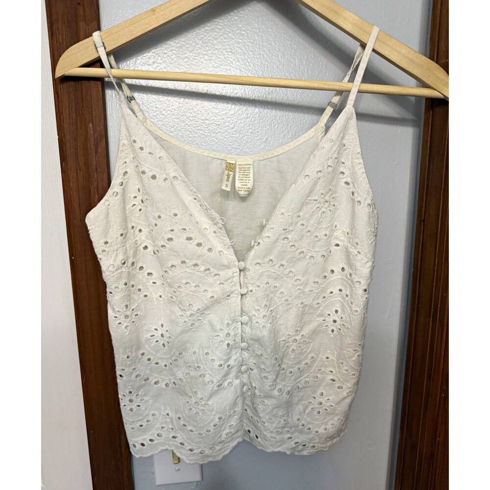 Japna White Eyelet Embroidered Button Front Cami Tank Top Size Small